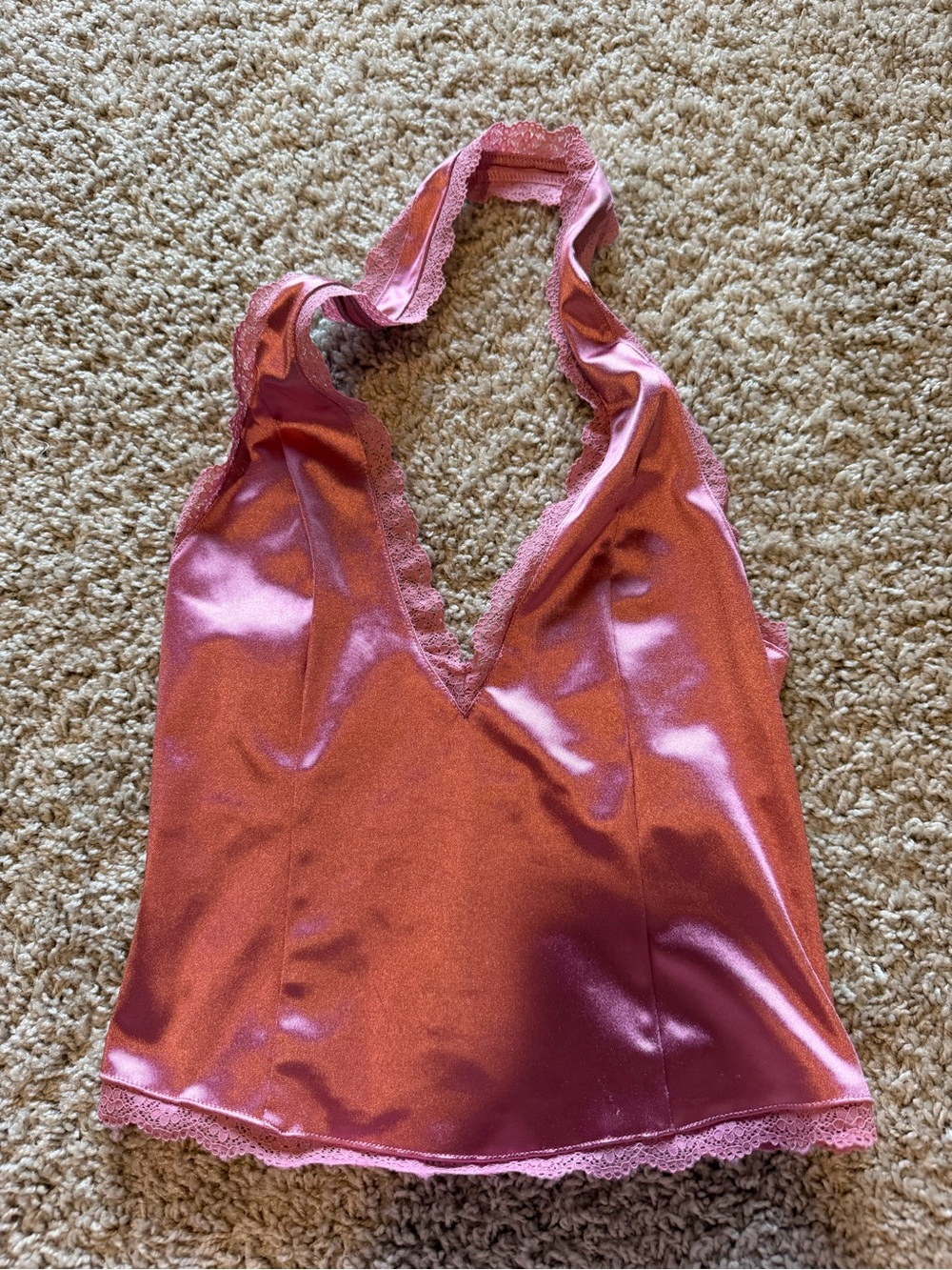 Kimchi Blue Pink Satin Halter Lace Trim Cami Top